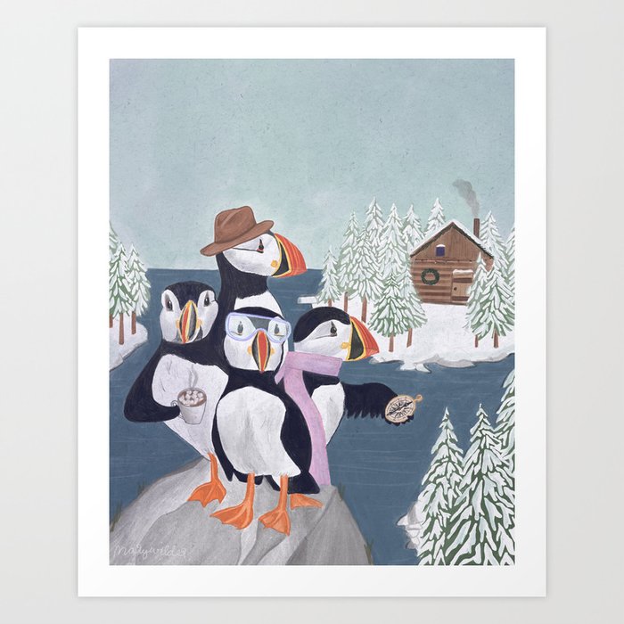Arctic Puffin Family, Winter Illustration Art Print