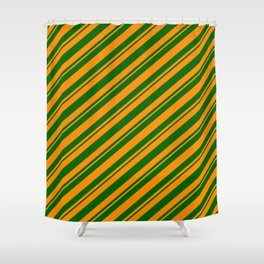[ Thumbnail: Dark Orange and Dark Green Colored Striped/Lined Pattern Shower Curtain ]