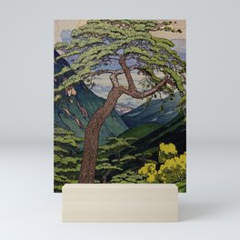 The Downwards Climbing - Summer Tree & Mountain Ukiyoe Nature Landscape in Green Mini Art Print