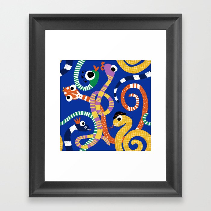 Cute Crazy Snakes Electric Blue Framed Art Print