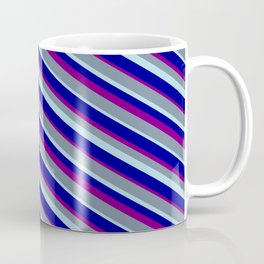 [ Thumbnail: Light Slate Gray, Light Blue, Dark Blue, and Purple Colored Lines/Stripes Pattern Coffee Mug ]