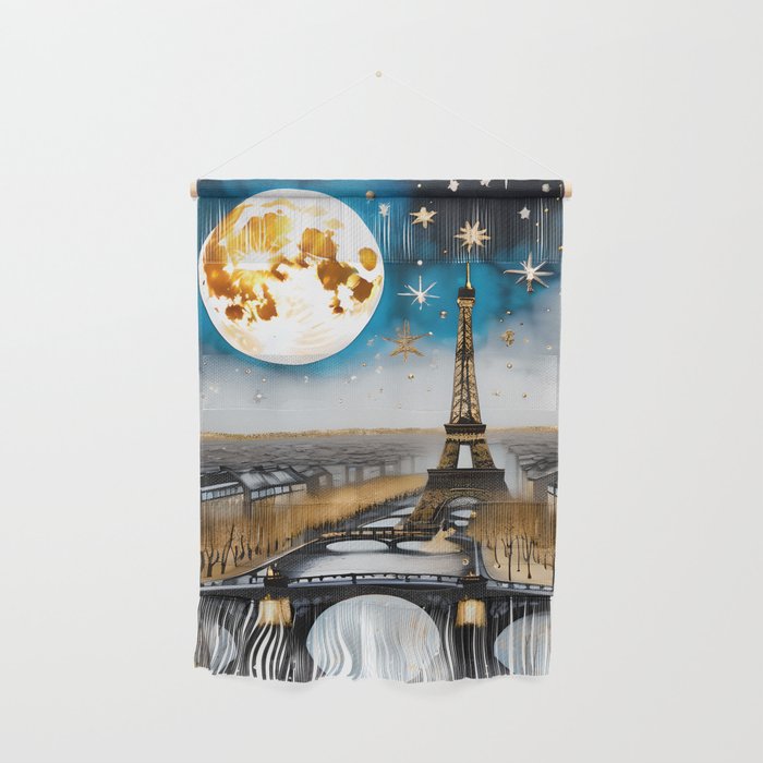 Christmas In Paris - Eiffel Tower Gold and Silver Landscape Winter Art Wall Hanging