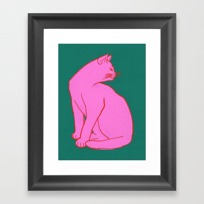 Pink Cat On Green Background Framed Art Print