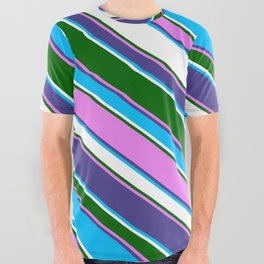 [ Thumbnail: Eyecatching Dark Slate Blue, Deep Sky Blue, White, Dark Green, and Violet Colored Pattern of Stripes All Over Graphic Tee ]