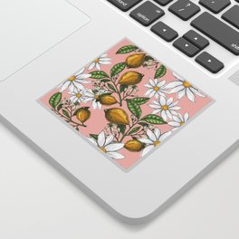 Lemons and Blooms on Pink Background Pattern Design Sticker