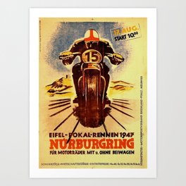 Vintage Nurburgring Nordschleife Motorcycle Racing Poster, Circa 1947 Art Print