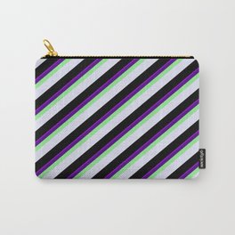 [ Thumbnail: Eyecatching Dark Violet, Indigo, Light Green, Lavender & Black Colored Stripes Pattern Carry-All Pouch ]