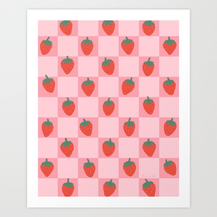 Strawberries Checks Pink Checkerboard Checkered Strawberry Pattern Art Print