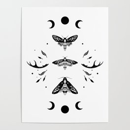 Death Head Moths Night - Black and White Poster