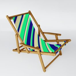[ Thumbnail: Pale Goldenrod, Green, and Blue Colored Stripes/Lines Pattern Sling Chair ]