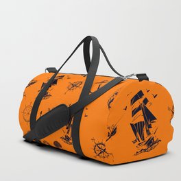 Orange And Blue Silhouettes Of Vintage Nautical Pattern Duffle Bag