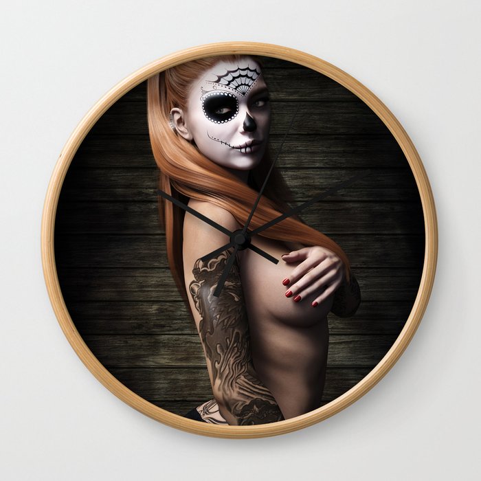 Skull girl with tattoo Wall Clock