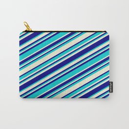 [ Thumbnail: Beige, Blue & Dark Turquoise Colored Striped/Lined Pattern Carry-All Pouch ]