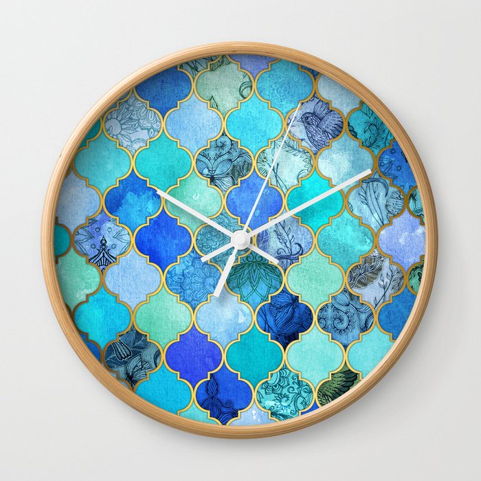 Cobalt Blue Aqua Gold Decorative Moroccan Tile Pattern Wall Clock By Micklyn