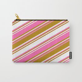 [ Thumbnail: Dark Goldenrod, White, and Hot Pink Colored Stripes/Lines Pattern Carry-All Pouch ]