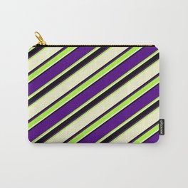 [ Thumbnail: Indigo, Light Green, Light Yellow, and Black Colored Stripes Pattern Carry-All Pouch ]