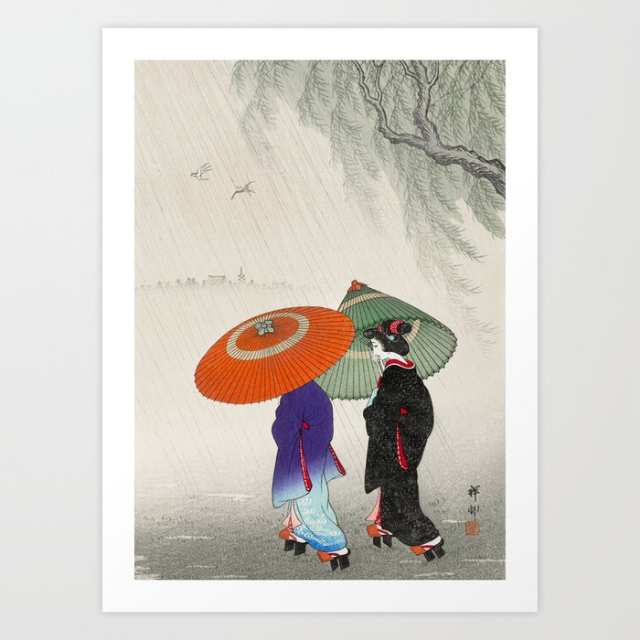 Women walking in the rain - Vintage Japanese Woodblock Print Art Print