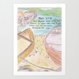 Fishers of Man Art Print | Scripture, Sea, Drawing, Rocks, Boat, Colored Pencil 
