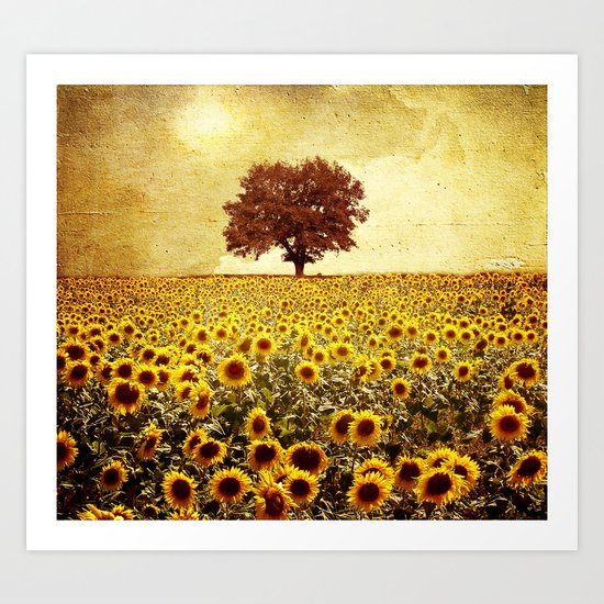 lone tree & sunflowers field Art Print