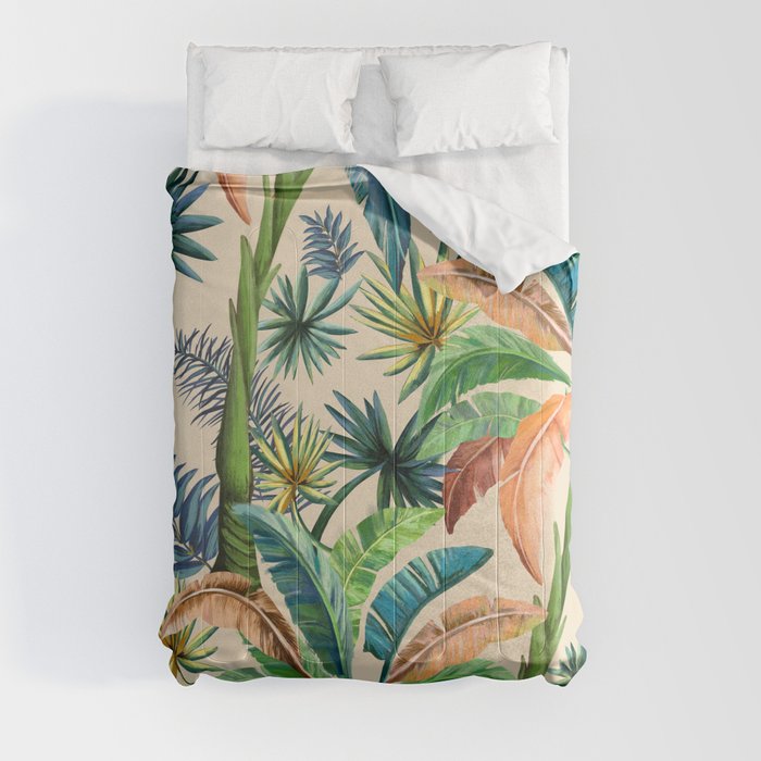 Palm Life, tropical palm leaves, Hollywood Regency, green, orange Comforter