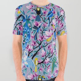 Tropical Birds Tree of Life – Powder Blue All Over Graphic Tee