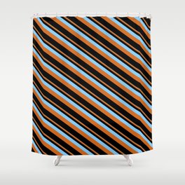 [ Thumbnail: Light Sky Blue, Chocolate & Black Colored Lines/Stripes Pattern Shower Curtain ]
