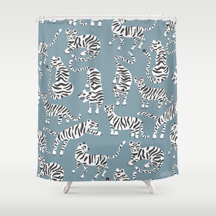 Tiger Collection – White on Blue Shower Curtain