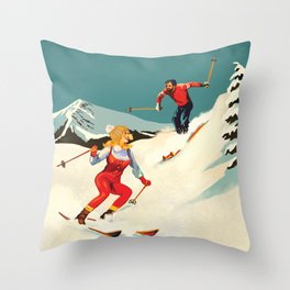 Retro Skiing Couple Throw Pillow