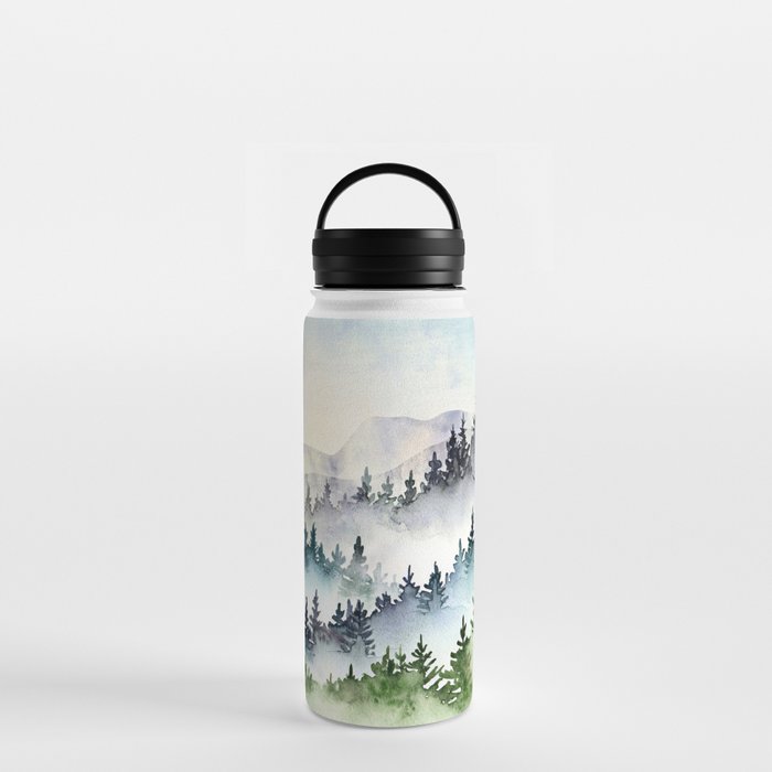Misty Mountain Pines - Foggy Forest Watercolor Painting Water Bottle