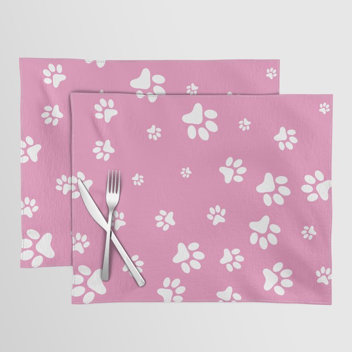 White Pet paw pattern on Hot Pink background Placemat