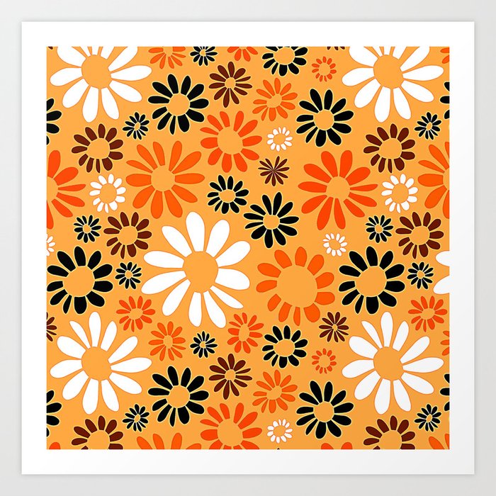 Retro Flower Art Scatter Pattern In Orange-Tangerine Art Print
