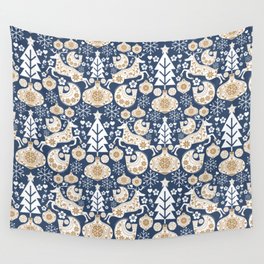 Scandinavian Folk Christmas Blue Wall Tapestry