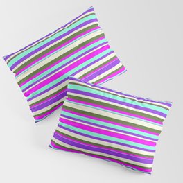 [ Thumbnail: Vibrant Aquamarine, Purple, Beige, Dark Olive Green & Fuchsia Colored Stripes Pattern Pillow Sham ]