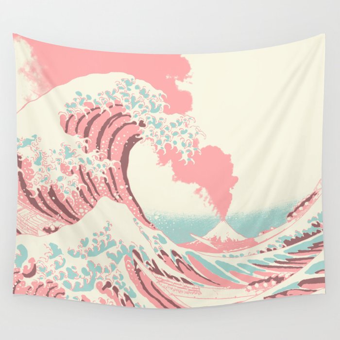 Great Wave Off Kanagawa Eruption Pink and Teal Wall Tapestry by
