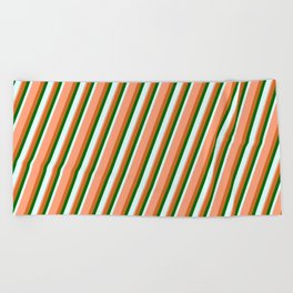 [ Thumbnail: Chocolate, Dark Green, Light Cyan & Light Salmon Colored Lined/Striped Pattern Beach Towel ]
