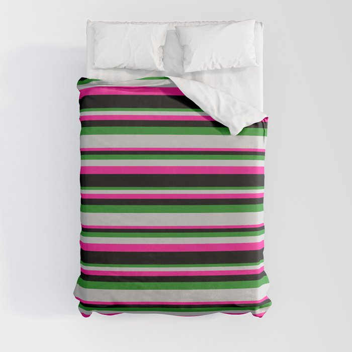Forest Green, Light Gray, Deep Pink, and Black Colored Stripes Pattern Duvet Cover
