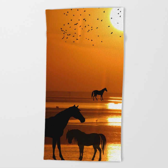 Horses Silhouette Beach Towel