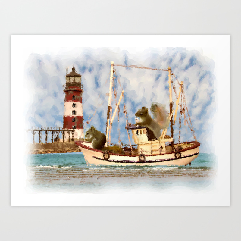 Squirrels Boat Lighthouse Child S Room Animal Art A347 Art Print