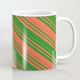 [ Thumbnail: Red and Forest Green Colored Striped Pattern Coffee Mug ]