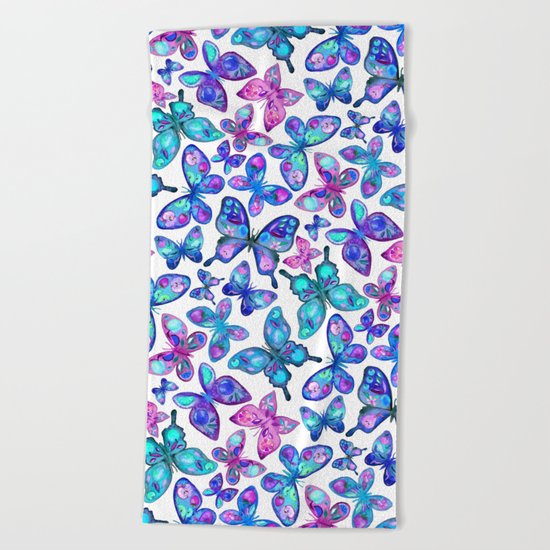 Watercolor Fruit Patterned Butterflies - aqua and sapphire Beach Towel