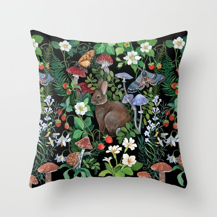 Rabbit and Strawberry Garden Throw Pillow