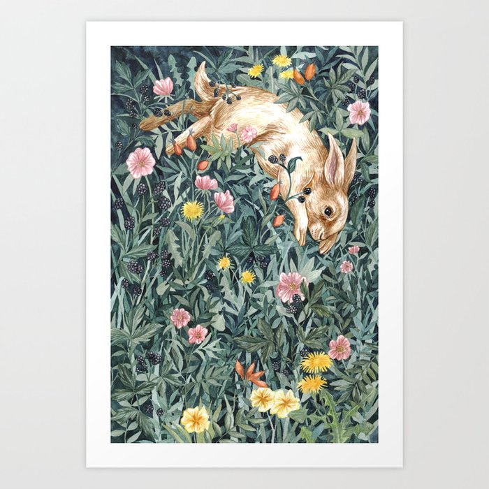 Rabbit & Moody Florals Art Print