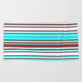 [ Thumbnail: Cyan, White, and Brown Colored Lines/Stripes Pattern Beach Towel ]