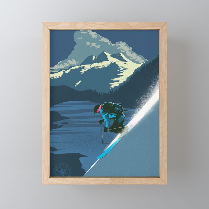 Retro Sunset Alpine Ski Travel Poster Framed Mini Art Print