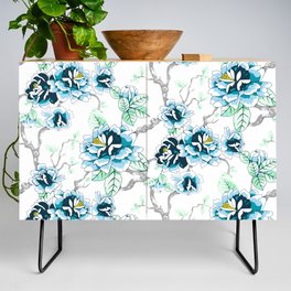 Spring Flowers Pattern Blue Soft Green on White Credenza