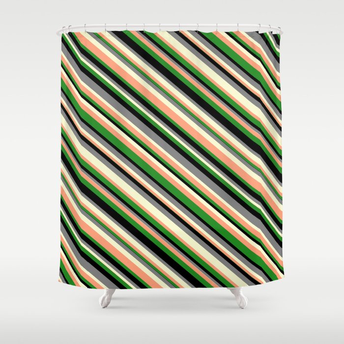 Eye-catching Gray, Light Yellow, Light Salmon, Forest Green & Black Colored Striped Pattern Shower Curtain