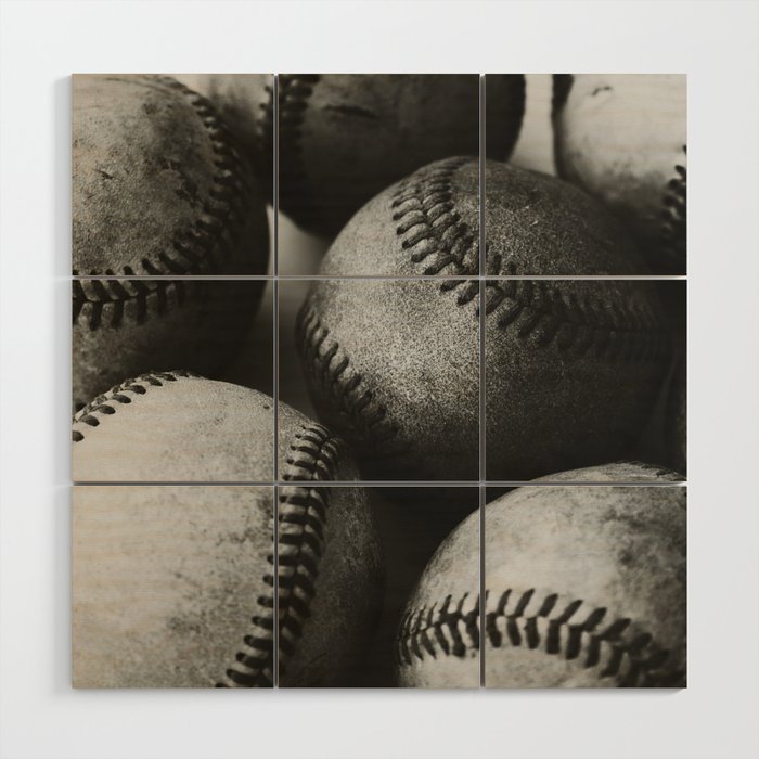 Old Baseballs in Black and White Wood Wall Art