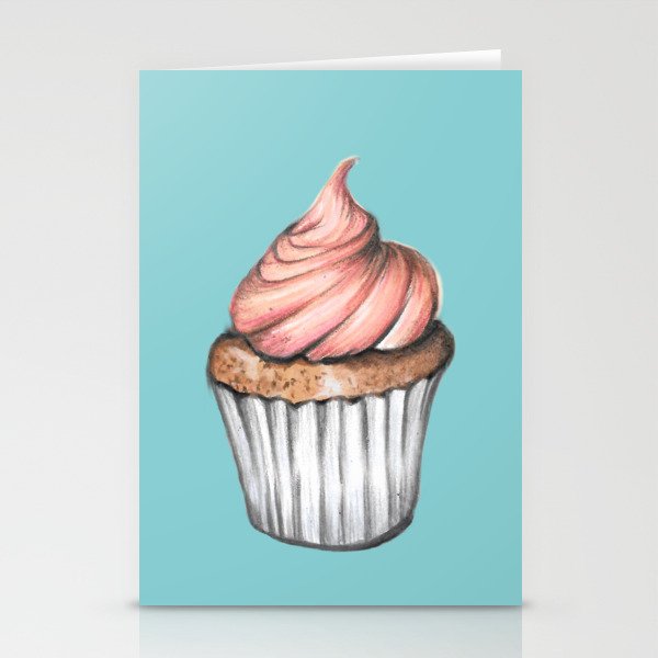 Sweet Rose Cupcake Blue Background Stationery Cards