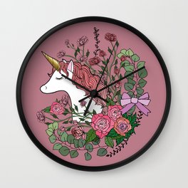 Unicorn in a Pink Rose Garden Wall Clock