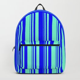 [ Thumbnail: Blue & Aquamarine Colored Striped Pattern Backpack ]